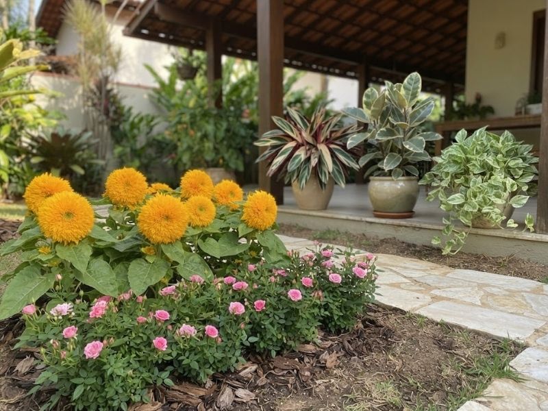 Flores e folhagens com diferentes formas, cores e padrões em uma exposição de primavera