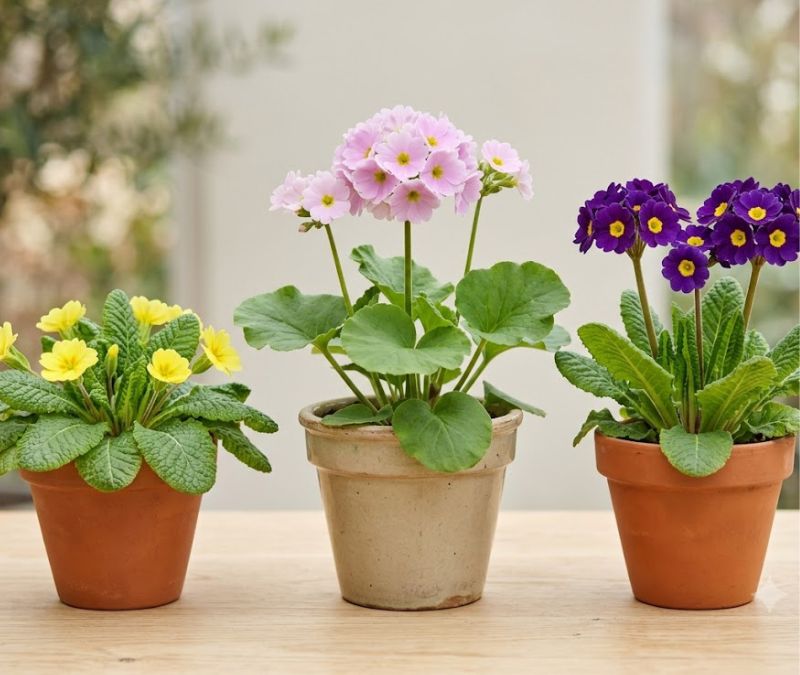 Tipos de flor prímula amarela, rosa e roxa cultivados em vasos separados