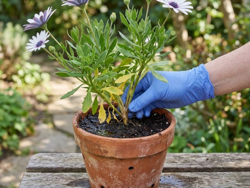 Margarida do cabo com folhas amareladas e sinais de excesso de umidade