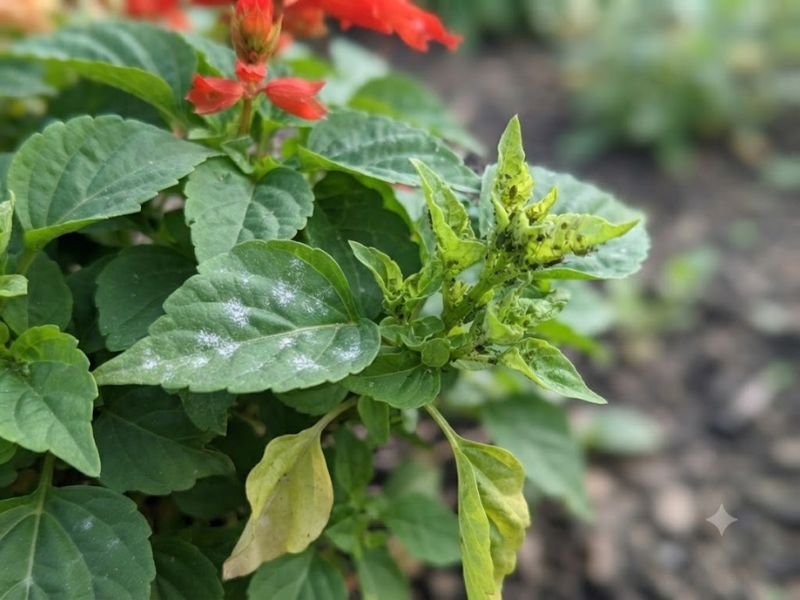 Folhas de alegria de jardim com oídio, amarelamento e poucos pulgões