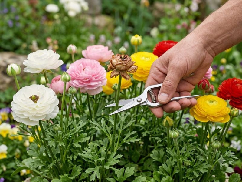 Retirada de uma flor murcha para prolongar a floração do ranúnculo