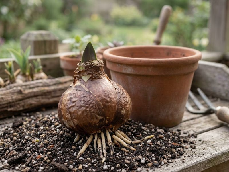 Bulbo de amarílis firme com pequeno broto verde pronto para o plantio