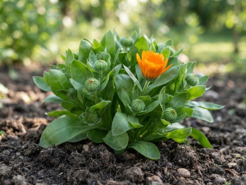 Muda de calêndula com botões e uma flor alaranjada começando a abrir