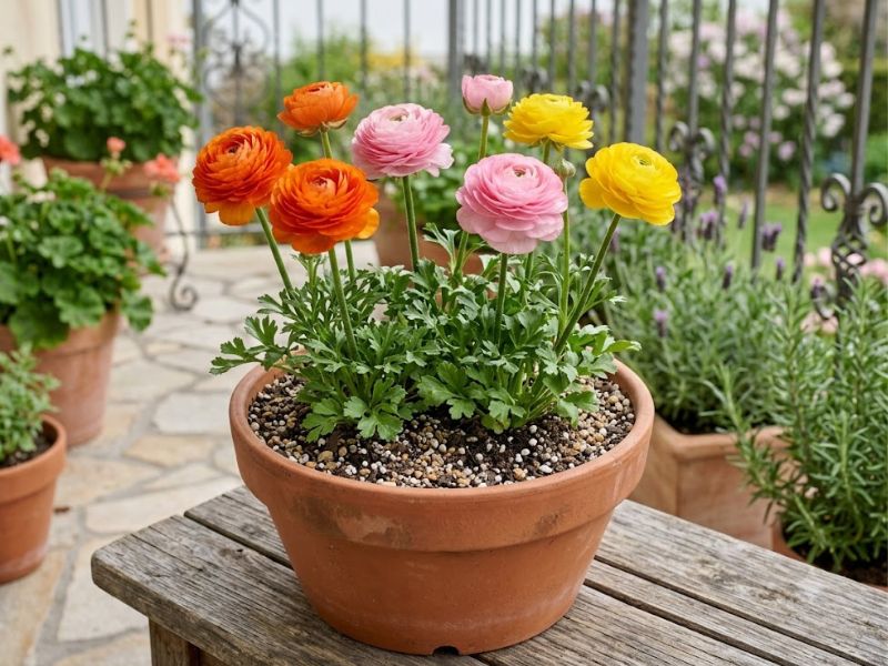 Ranúnculo rosa, amarelo e laranja cultivado em vaso de terracota com substrato drenante
