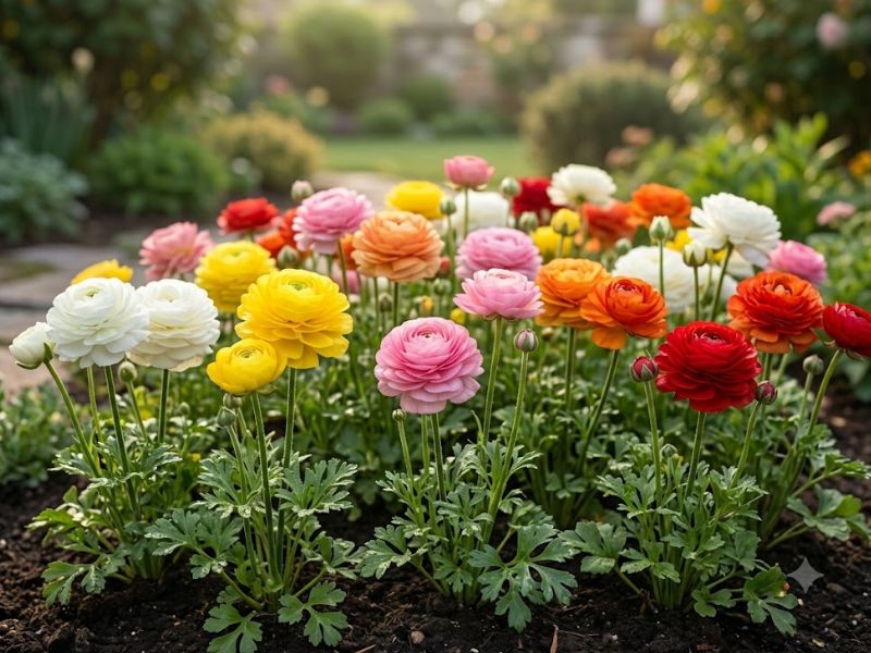 Flores de ranúnculo brancas, rosas, amarelas, laranjas e vermelhas cultivadas em jardineira