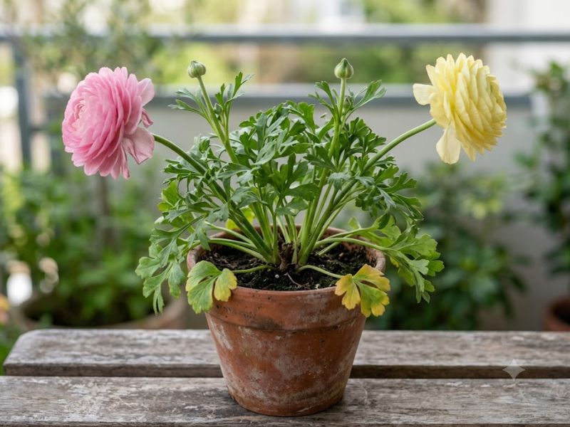 Ranúnculo com hastes caídas, folhas amareladas e redução da floração