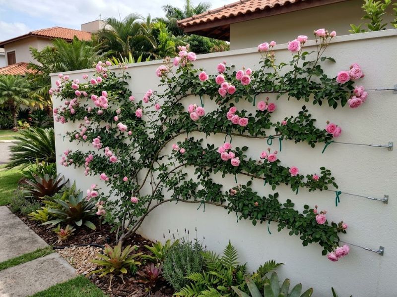 Ramos de rosa trepadeira conduzidos horizontalmente em suporte instalado no muro