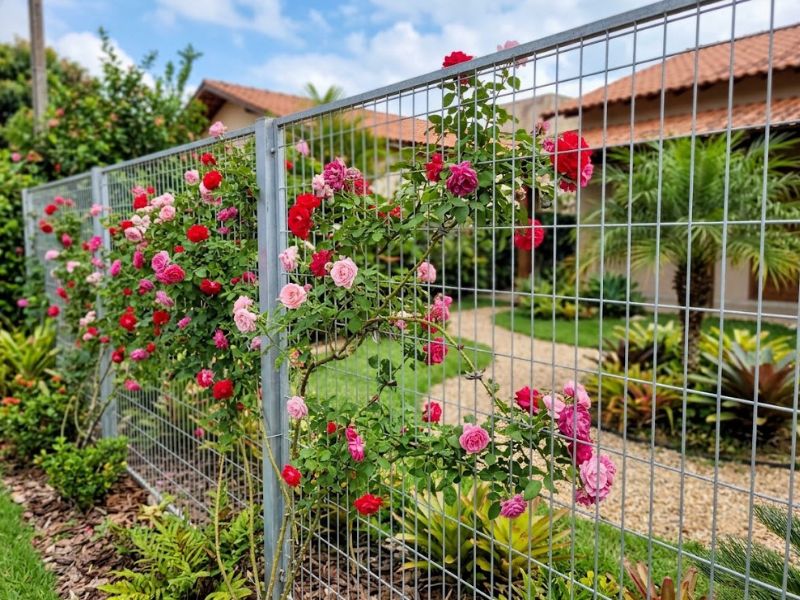 Rosa trepadeira florida com ramos distribuídos ao longo de uma cerca