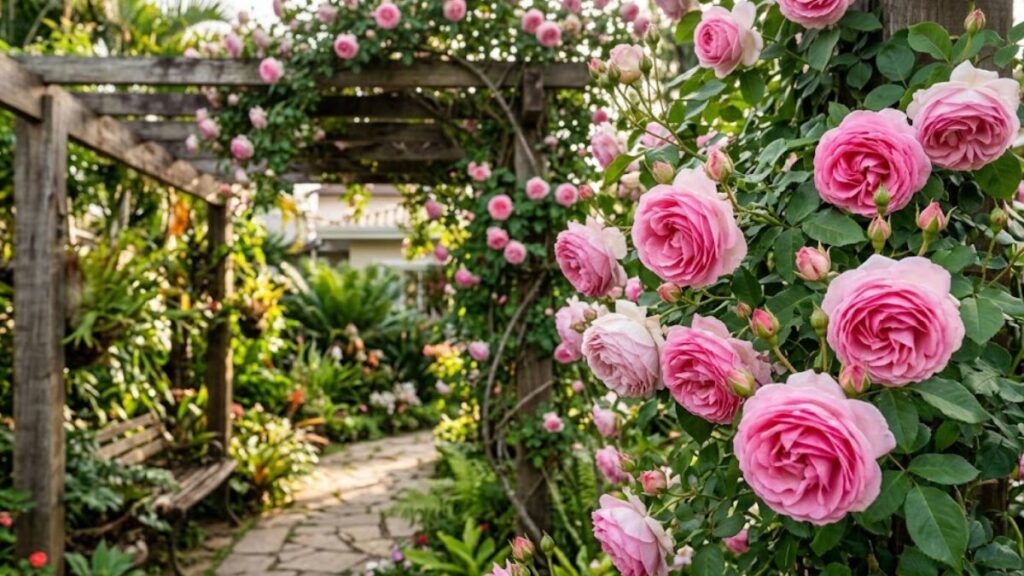 Rosa trepadeira florida em primeiro plano ao lado de pergolado de madeira no jardim
