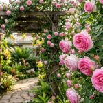 Rosa trepadeira florida em primeiro plano ao lado de pergolado de madeira no jardim