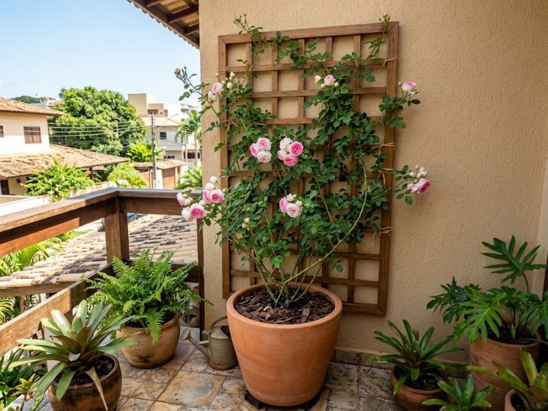 Rosa trepadeira florida cultivada em vaso grande com suporte vertical