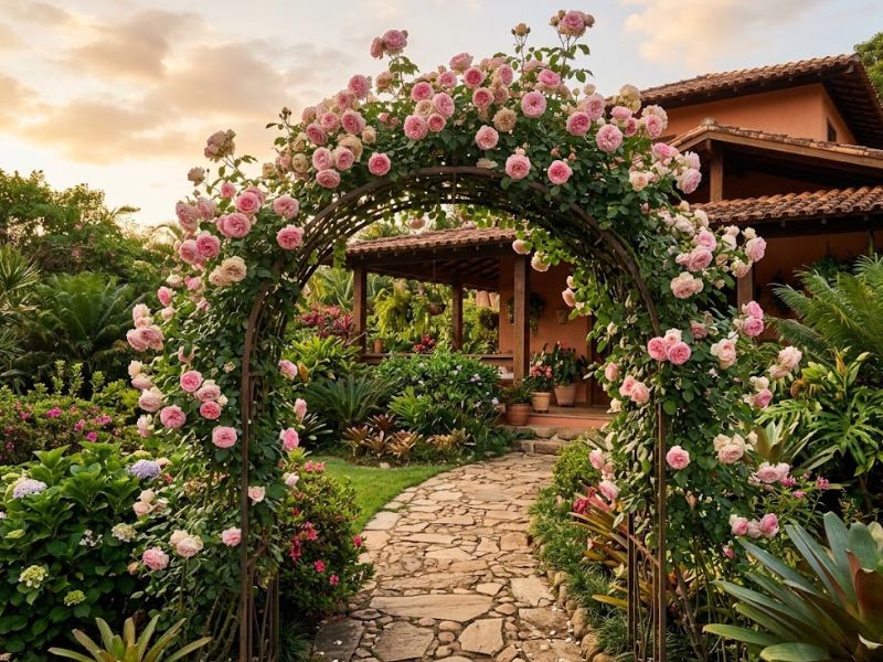 Rosa trepadeira adulta cobrindo arco de jardim com muitas flores cor-de-rosa