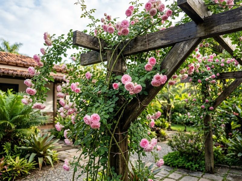 Rosa trepadeira com ramos longos conduzidos em treliça e flores cor-de-rosa