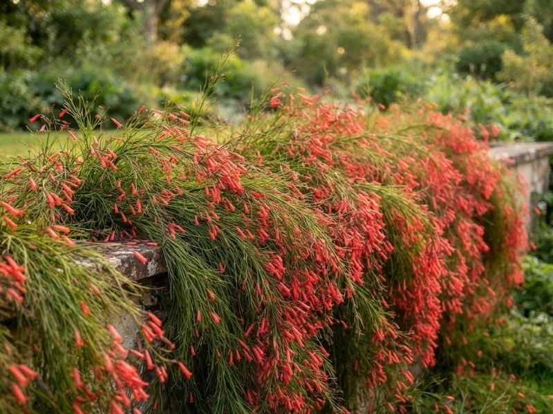 Russélia cheia com muitos ramos e flores vermelho-coral