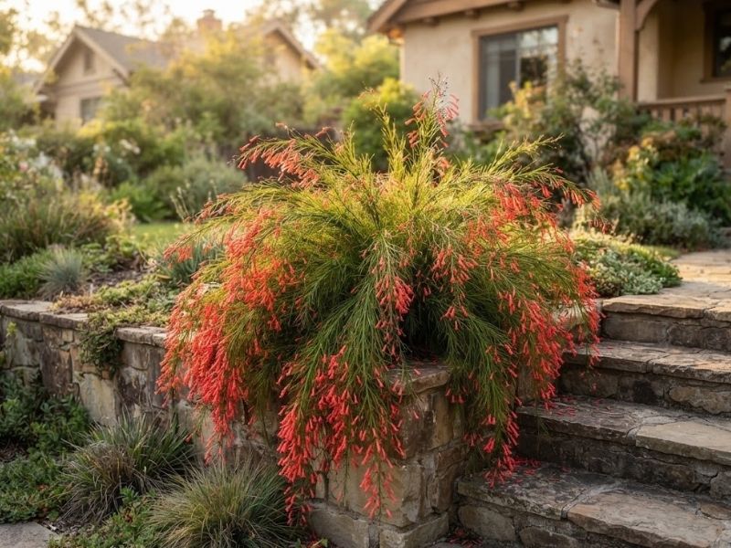 Russélia pendente cultivada sobre mureta de jardim