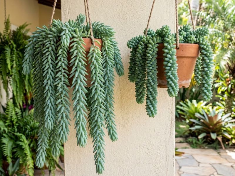 Sedum morganianum e Sedum burrito lado a lado mostrando diferenças nas folhas da suculenta rabo de burro