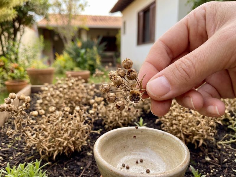 Sementes maduras de Phlox drummondii sendo colhidas após a floração