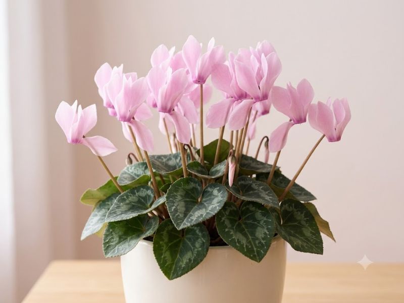 Vaso com flor ciclame rosa preparado como presente em ambiente delicado
