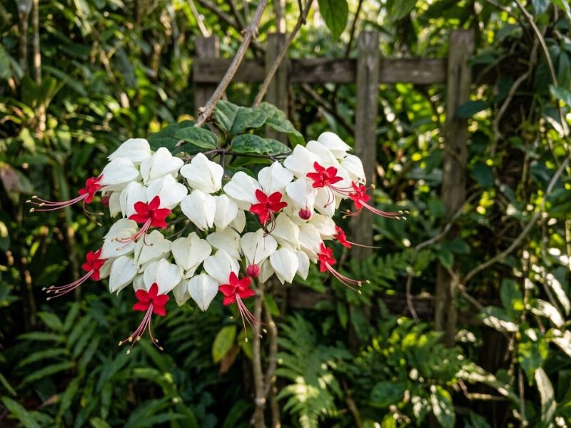 Cachos de flor lágrima de cristo destacando as cores branca e vermelha