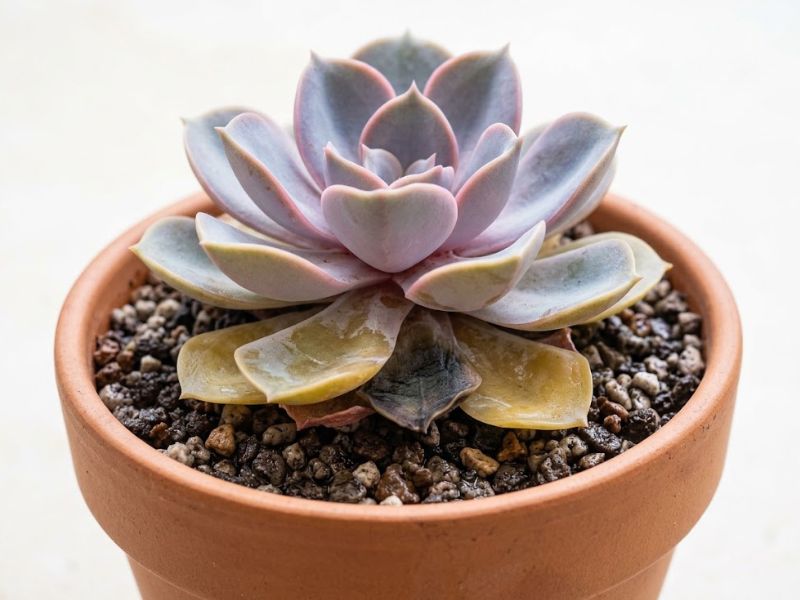 Echeveria com folhas amareladas e translúcidas por excesso de água