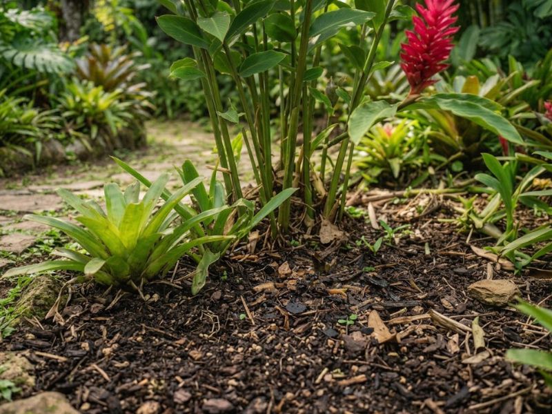 Alpínia purpurata cultivada em solo fértil com matéria orgânica