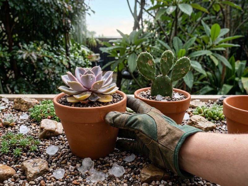 Suculenta com folhas levemente danificadas depois de uma chuva de granizo