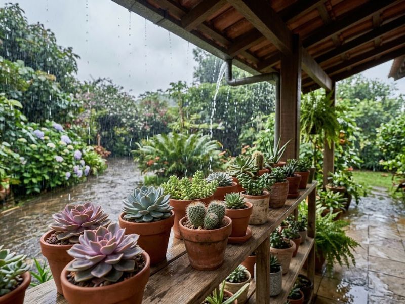 Jardim no Sul do Brasil durante chuva intensa, com cactos e suculentas protegidos