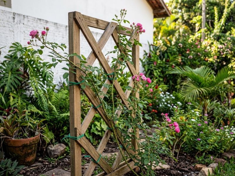 Rosa trepadeira com ramos presos a treliça de madeira por amarras flexíveis