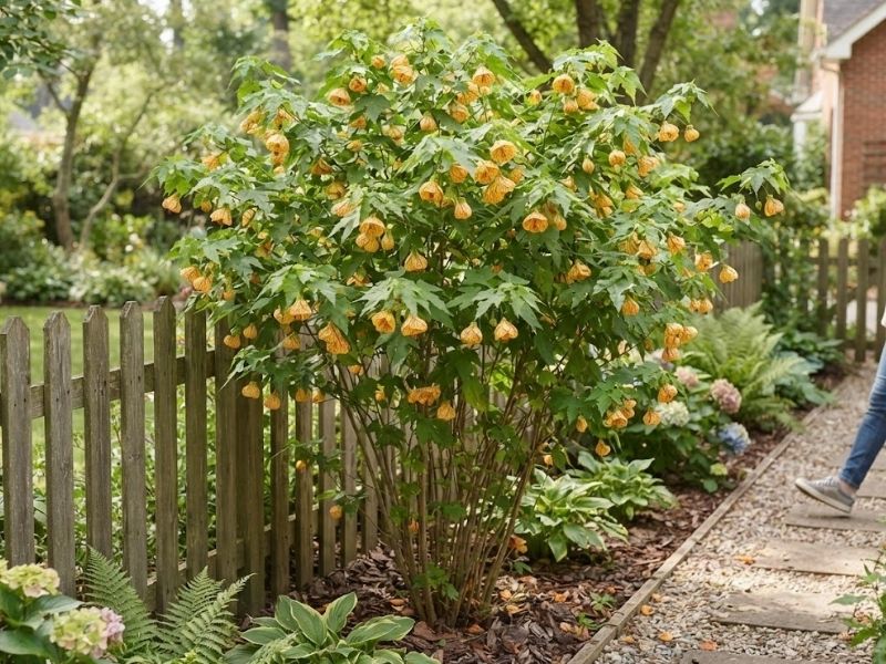 Abutilon pictum adulto cultivado junto a uma cerca de jardim