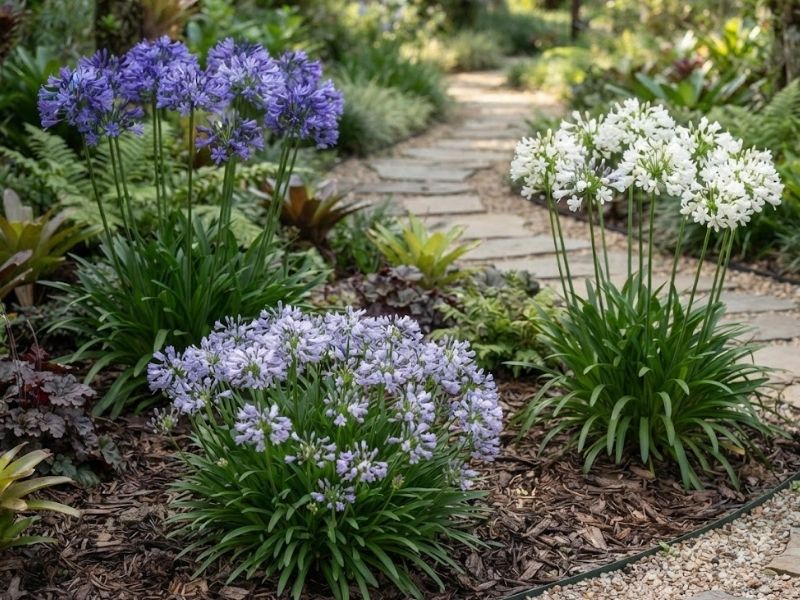 Touceiras de agapanto azul-escuro, lilás e branco no jardim