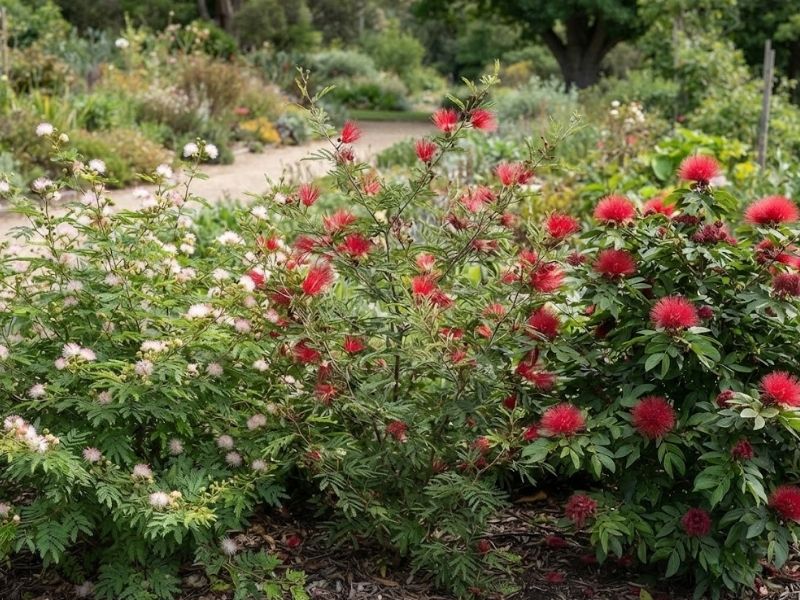 Caliandras com flores rosa, vermelha e branco-rosada cultivadas no mesmo jardim.