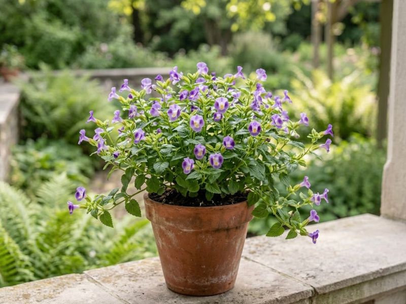Torênia violeta florida em vaso de terracota na meia-sombra
