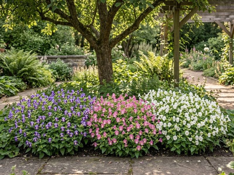 Torênias violetas, rosas e brancas cultivadas em canteiro de meia-sombra