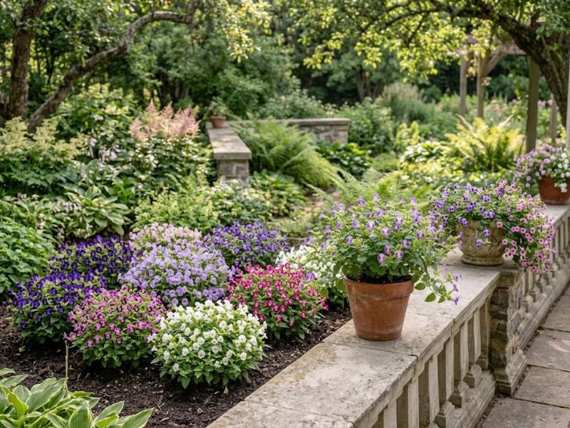 Torênias coloridas preenchendo canteiros e jardineiras em jardim de meia-sombra