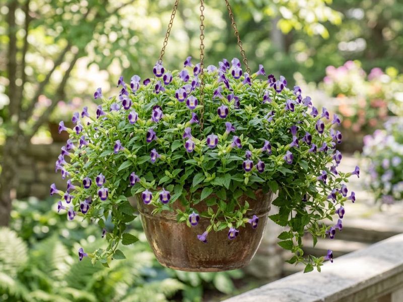 Torênia pendente violeta cultivada em vaso suspenso na meia-sombra