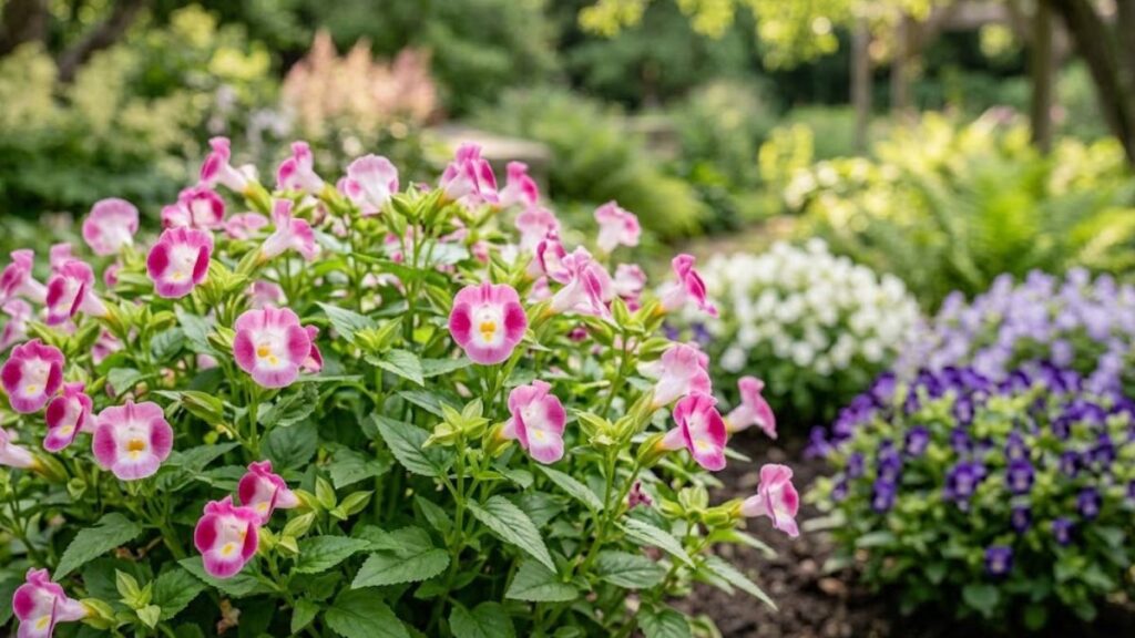 Torênia rosa florida em primeiro plano com flores brancas e violetas ao fundo