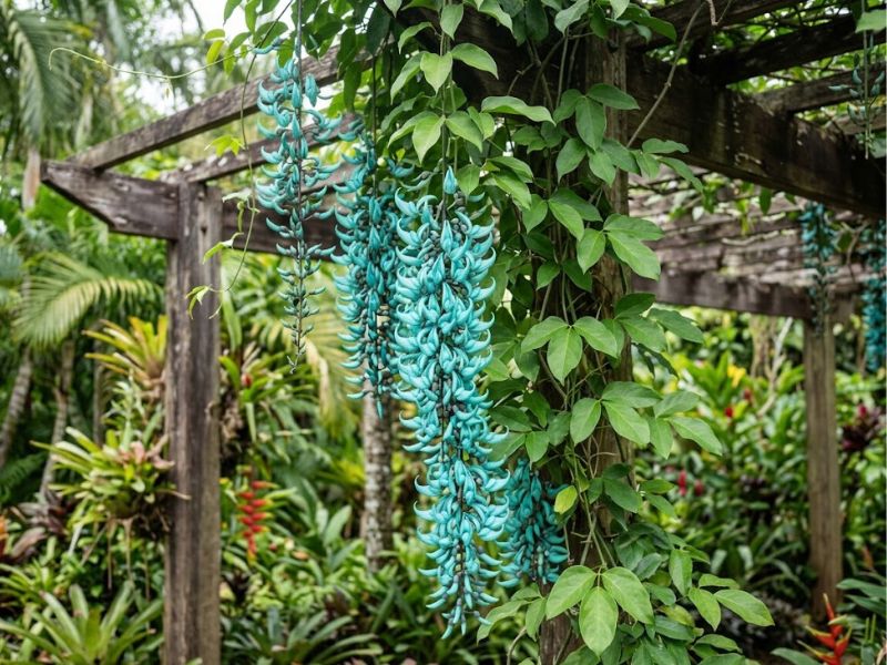 Trepadeira jade adulta com vários cachos azul-esverdeados em plena floração