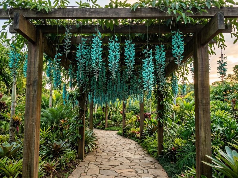 Trepadeira jade com cachos pendentes florindo sobre pergolado de madeira