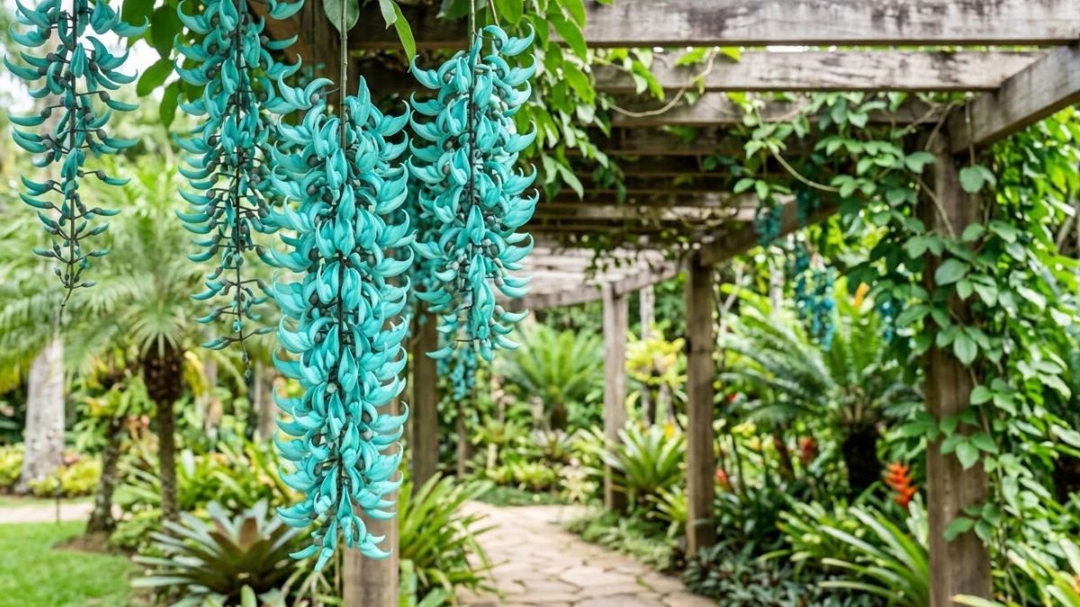Trepadeira jade com cachos azul-esverdeados pendentes em pergolado de madeira