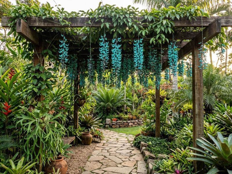 Trepadeira jade adulta florida cobrindo estrutura em jardim