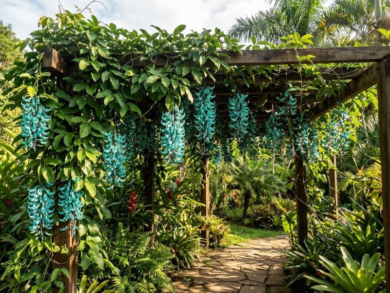 Trepadeira jade florida recebendo boa luminosidade em jardim