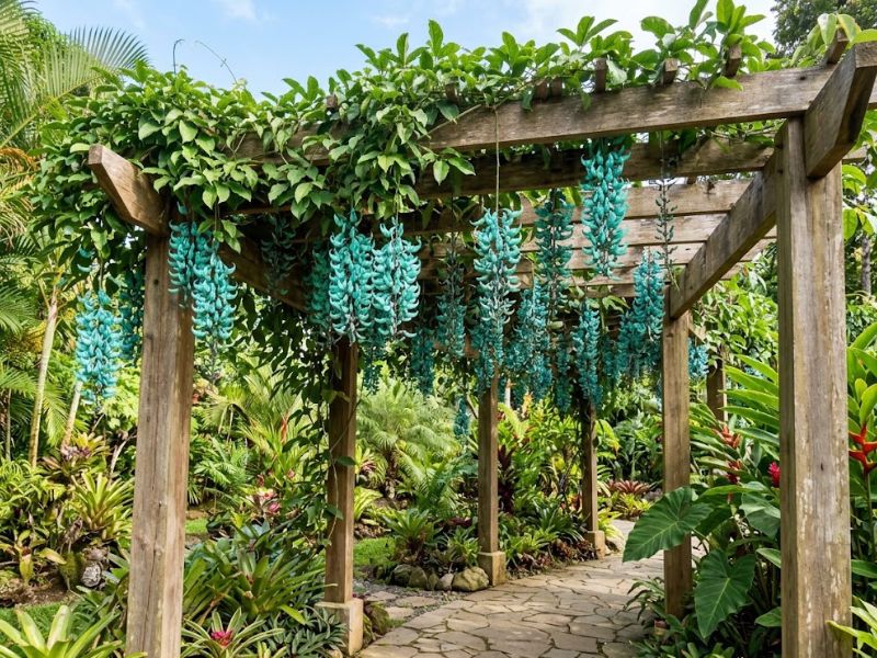 Trepadeira jade Strongylodon macrobotrys com cachos pendentes azul-esverdeados