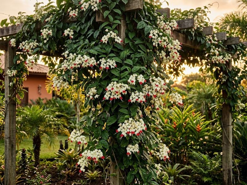 Trepadeira lágrima de cristo florida cobrindo uma estrutura no jardim