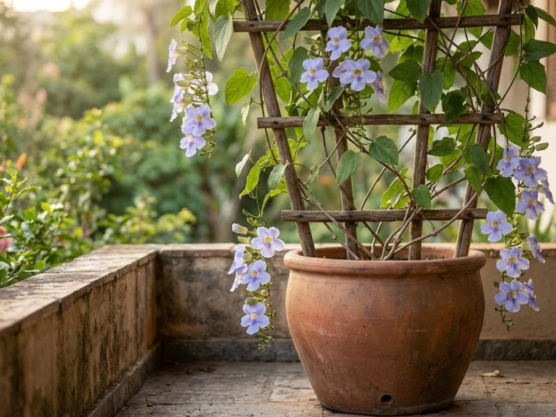 Tumbérgia azul cultivada em vaso grande com treliça de madeira