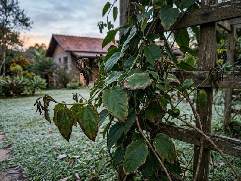 Folhas da tumbérgia azul com danos provocados por geada leve