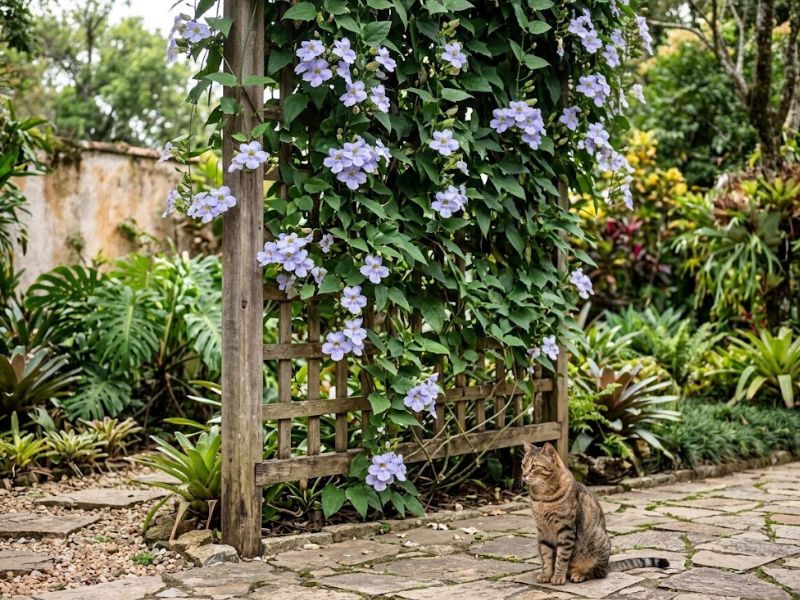 Tumbérgia azul cultivada em treliça fora do alcance de um gato