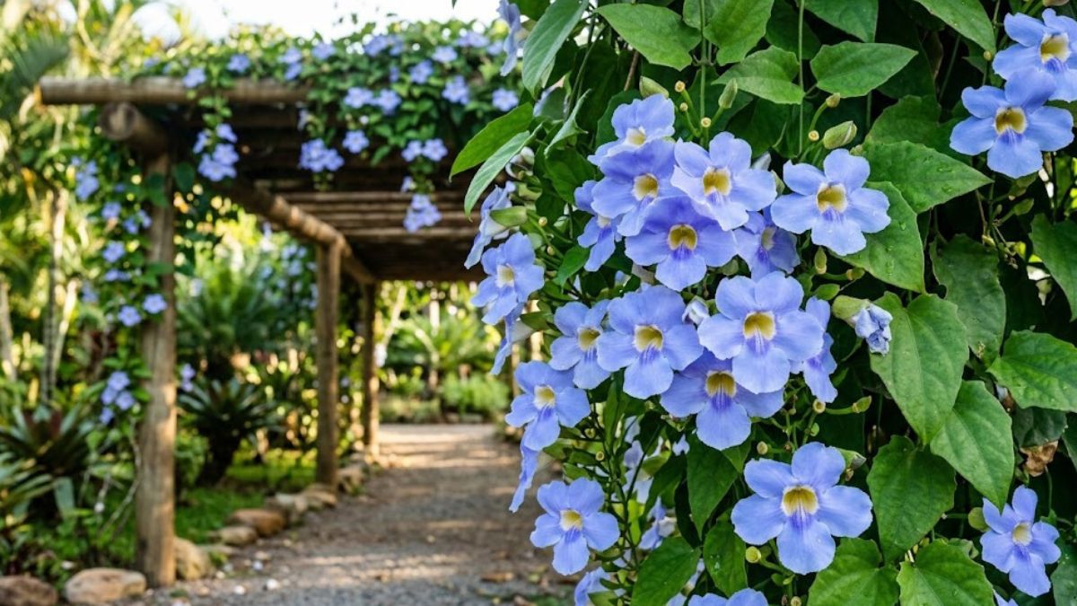 Flores de tumbérgia azul em primeiro plano com pergolado coberto ao fundo