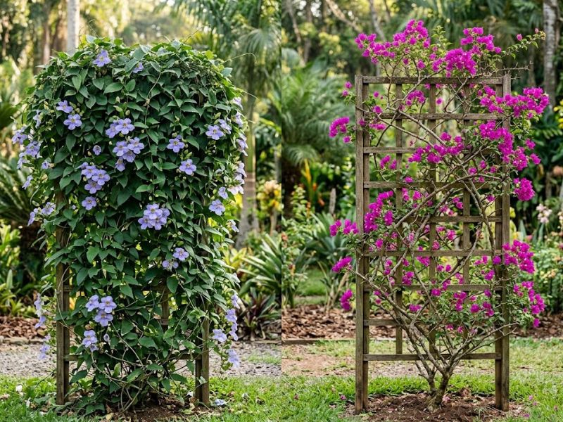 Tumbérgia azul e primavera bougainvillea cobrindo treliças diferentes