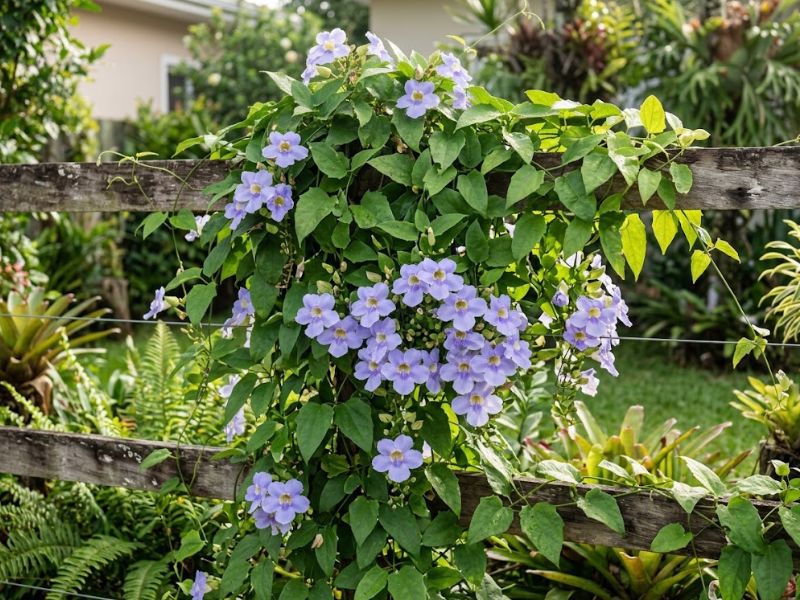 Tumbérgia azul recebendo sol suave da manhã e meia-sombra
