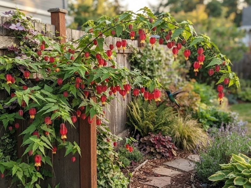 Abutilon megapotamicum coberto de flores com beija-flor próximo ao arbusto